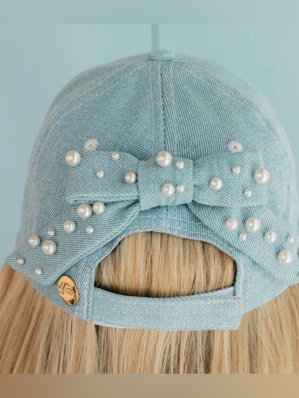 Living Fully Co Denim Hat with Pearl Bow New